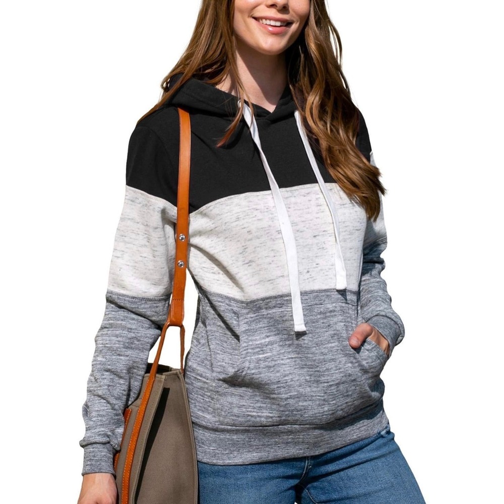 Doublju Womens Colorblock Hoodie Sweatshirt Black Grey Oatmeal XL